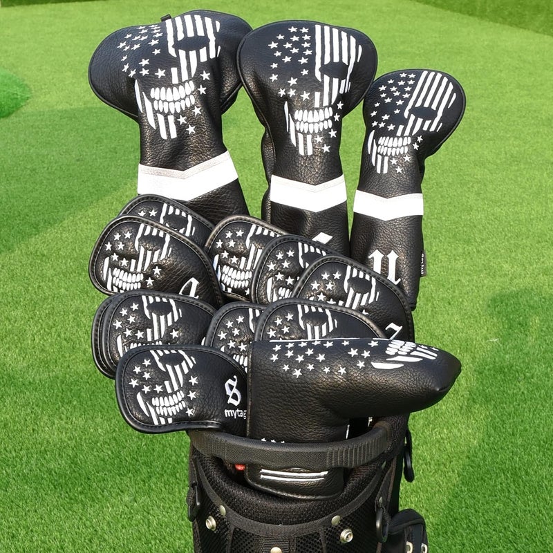 caiobob mytag Skull Skeleton Golf Head Covers Black Synthetic Leather Golf Headcovers Set Fits Driver Fairway Wood Hybrid/Utility Putter Iron Wedge Headcover - Image 5